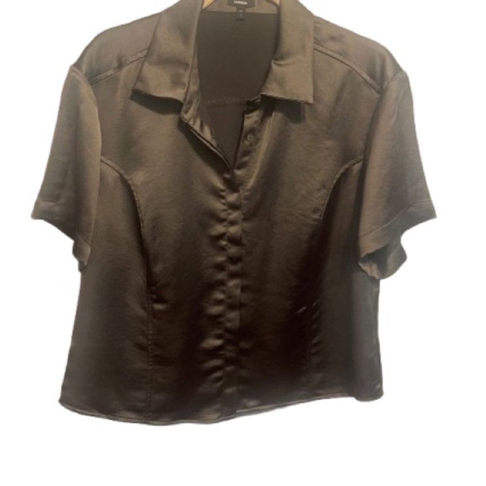 Express Olive Green Satin Button Down Shirt
